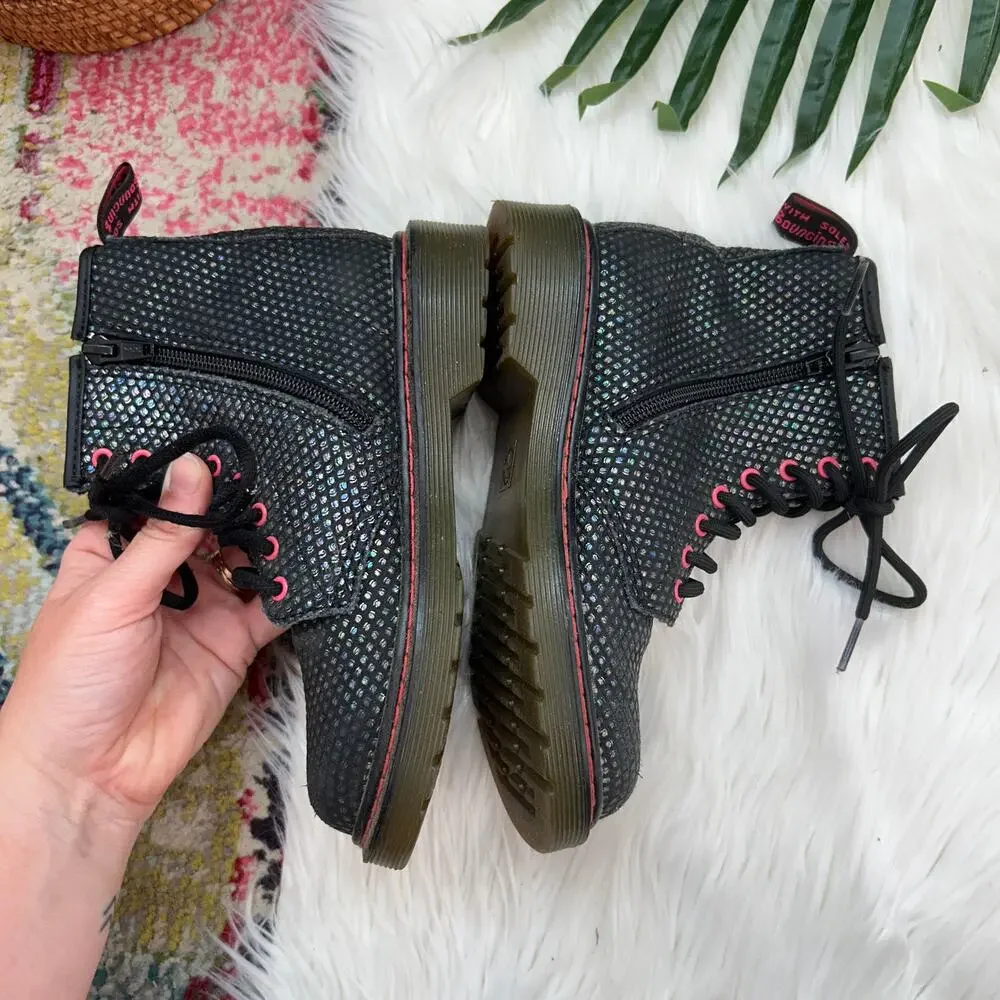 Dr. Marten Black Colorful Shimmer Leather Delaney Combat Boot Kids Girls 1